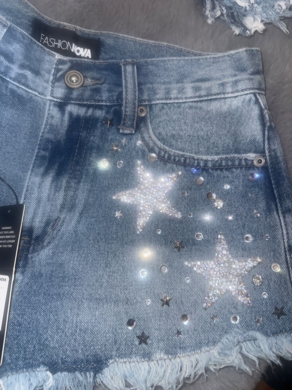 Fashion Nova Light Blue Star-Embellished Denim Shorts - Picture 3 of 9